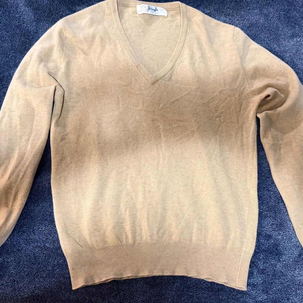 VTG Pringle of Scotland Cashmere Sweater V Neck Tan Beige 100% Cashmere. 38ins